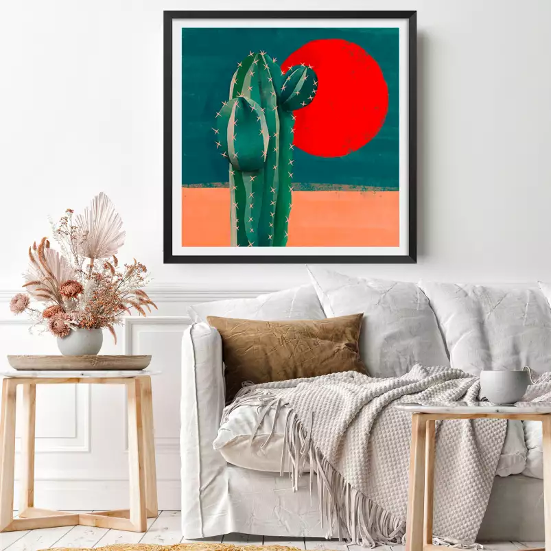 Cactus et soleil rouge - tableau cactus