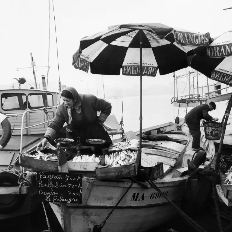 Marseille - le marché aux poissons - tableau noir et blanc vintage