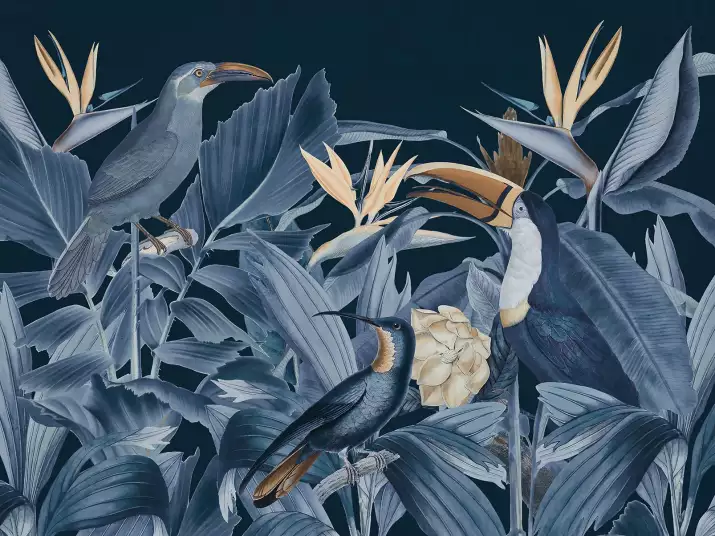 Jardin tropical bleu - papier peint oiseaux et fleurs
