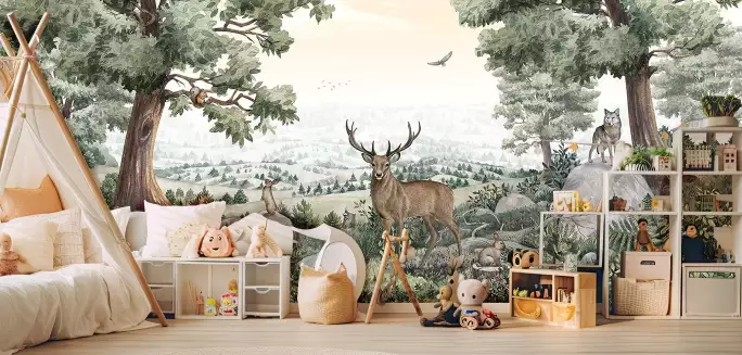 Balade en forêt - papier peint enfant animaux