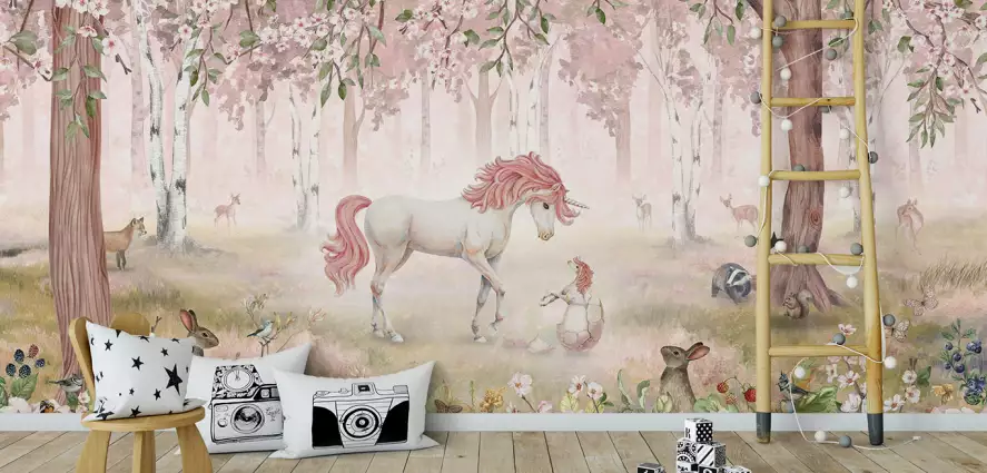 La forêt rose des licornes - papier peint enfant