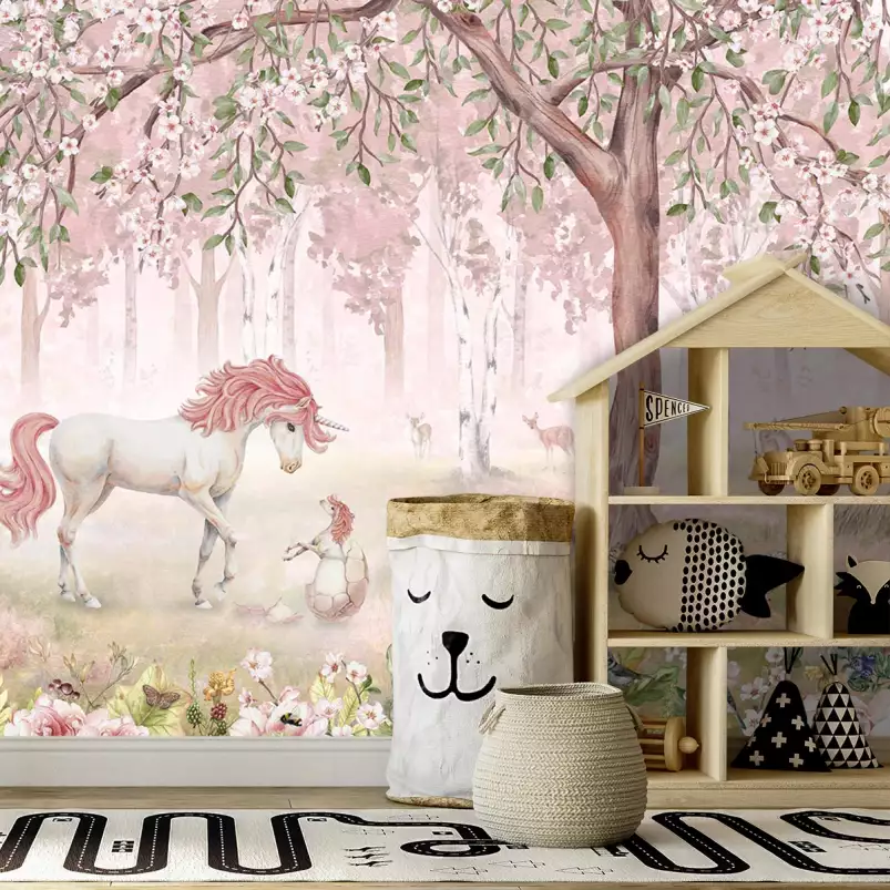 La forêt rose des licornes - papier peint enfant