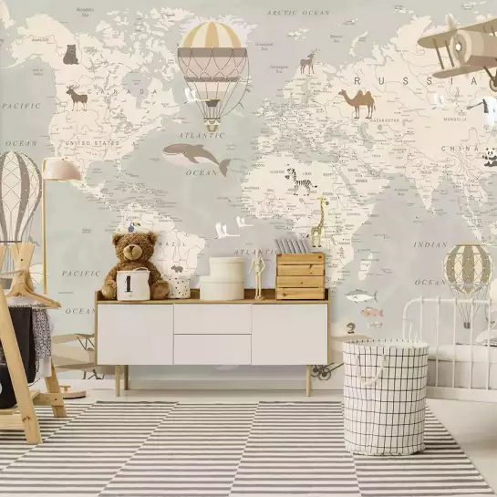 Carte du monde et montgolfières - tapisserie panoramique chambre enfant
