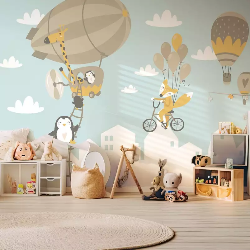 Animaux en mongolfiere - tapisserie panoramique chambre enfant