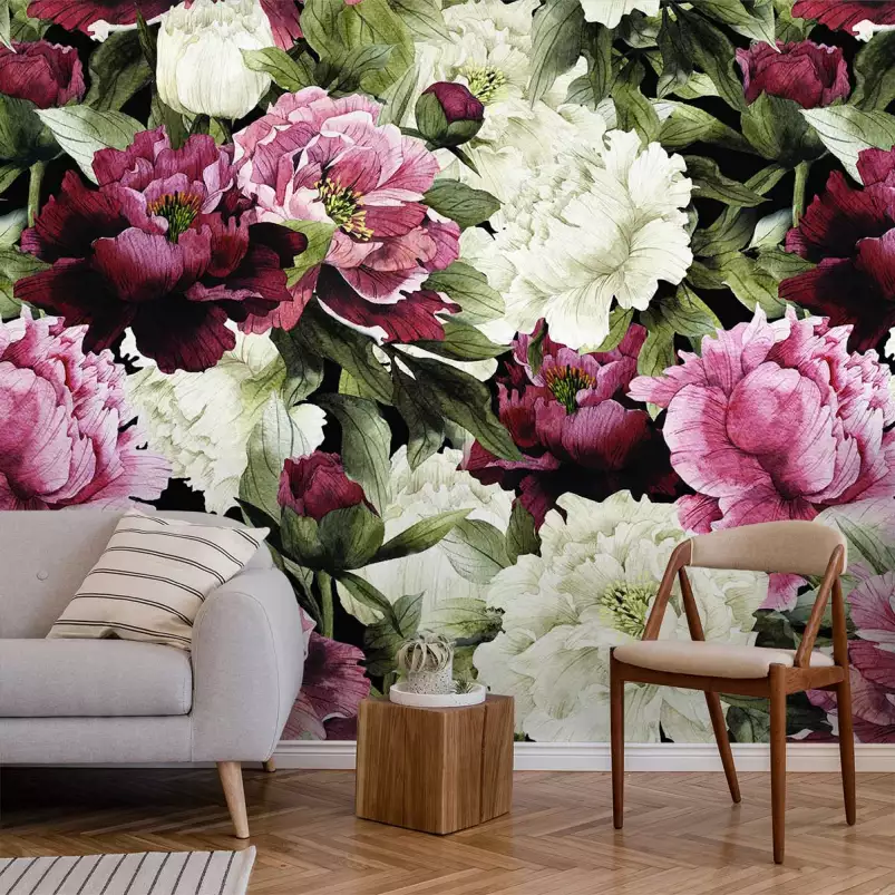 Pivoines - tapisserie panoramique fleurs