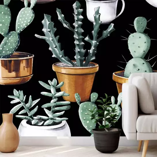 Cactus et pots de cuivre - tapisserie panoramique