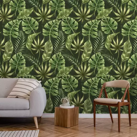 Feuilles vertes émeraudes - tapisserie panoramique feuilles