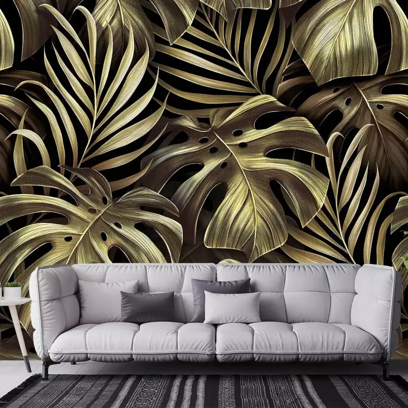 Monsteras dorées - tapisserie panoramique feuilles