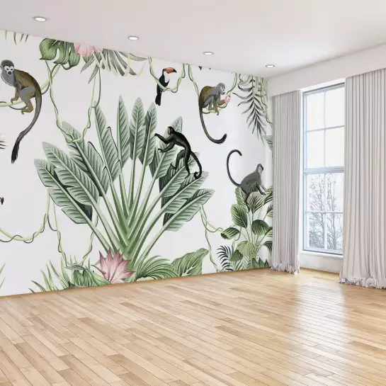 Singes et flamants tropicaux - tapisserie decoration murale