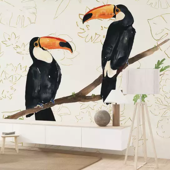 Peinture murale deux toucans - tapisserie panoramique exotique