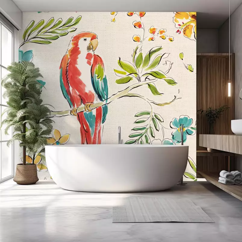 Perroquet et fleurs - tapisserie panoramique exotique