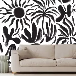 Plantes et soleil en n&b - tapisserie panoramique noir et blanc