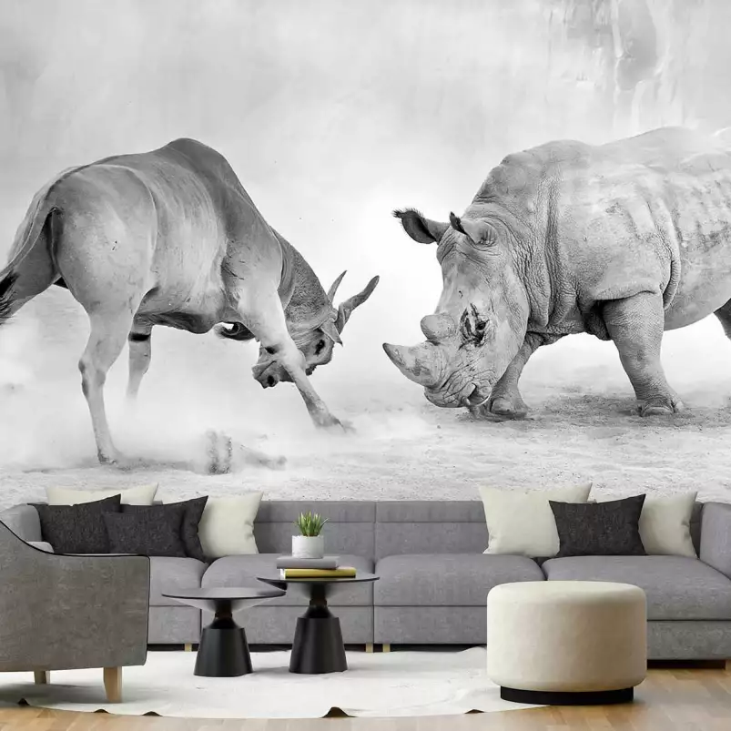 Combat animaux sauvages - tapisserie panoramique savane noir et blanc