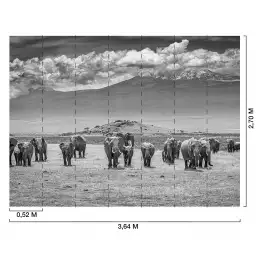 Eléphants devant le Kilimanjaro - tapisserie panoramique savane noir et blanc