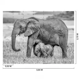 Eléphante et son petit - tapisserie panoramique savane noir et blanc