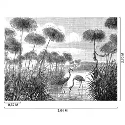 Hérons cendrés dans la campagne - tapisserie panoramique savane noir et blanc
