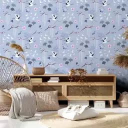 Cigogne bleue - tapisserie panoramique fleurs