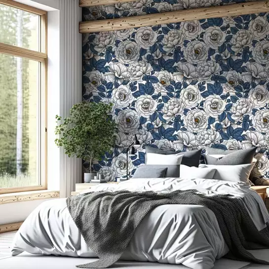 Campagne bleu blanc - tapisserie panoramique fleurs