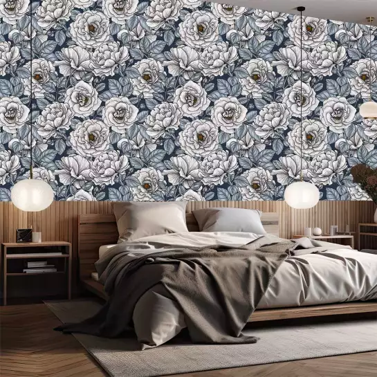 Campagne bleue - tapisserie panoramique fleurs