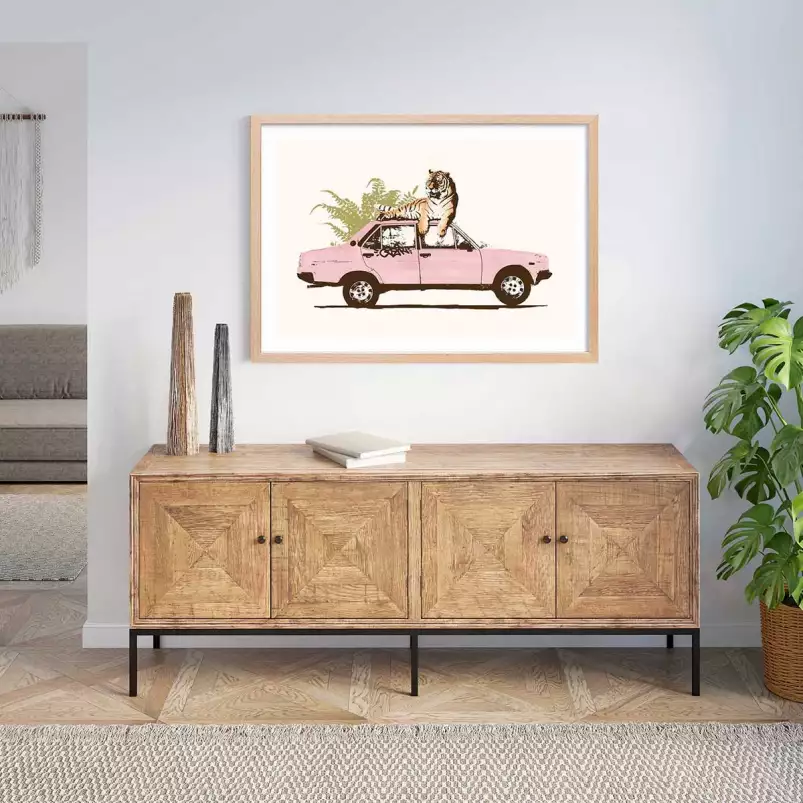 Pink car tiger - affiche voiture vintage