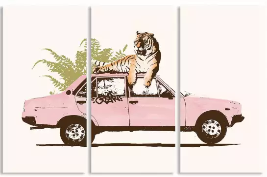 Pink car tiger - affiche voiture vintage