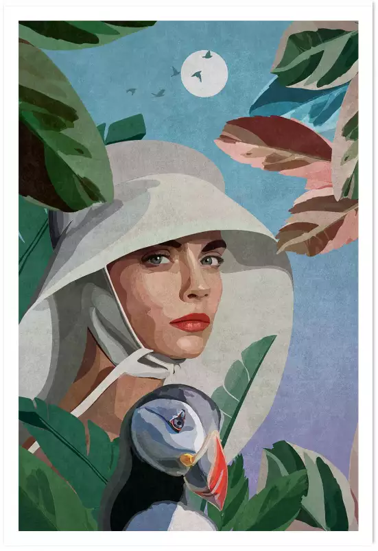 Exploratrice sur l'île des macareux - affiche vintage femme