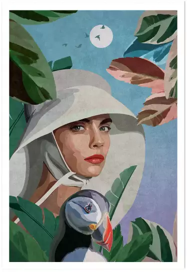 Exploratrice sur l'île des macareux - affiche vintage femme