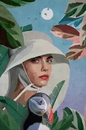 Exploratrice sur l'île des macareux - affiche vintage femme