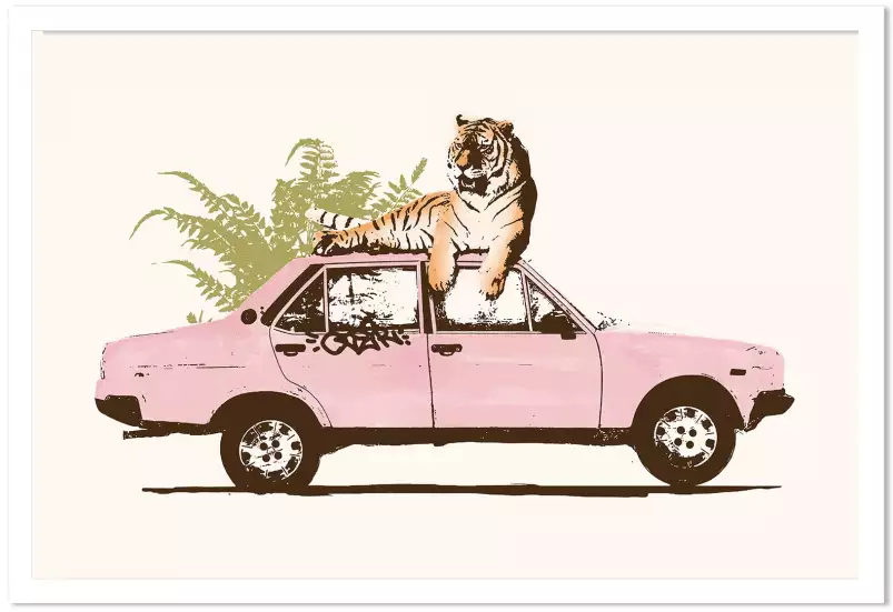 Pink car tiger - affiche voiture vintage