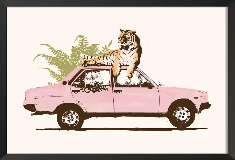 Pink car tiger - affiche voiture vintage