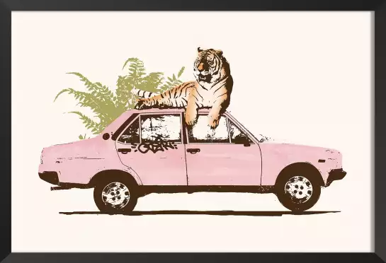 Pink car tiger - affiche voiture vintage