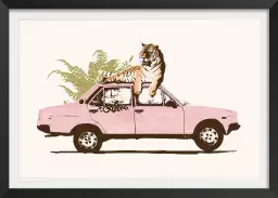 Pink car tiger - affiche voiture vintage