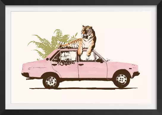 Pink car tiger - affiche voiture vintage