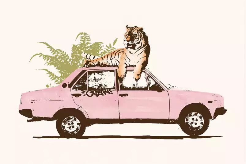 Pink car tiger - affiche voiture vintage