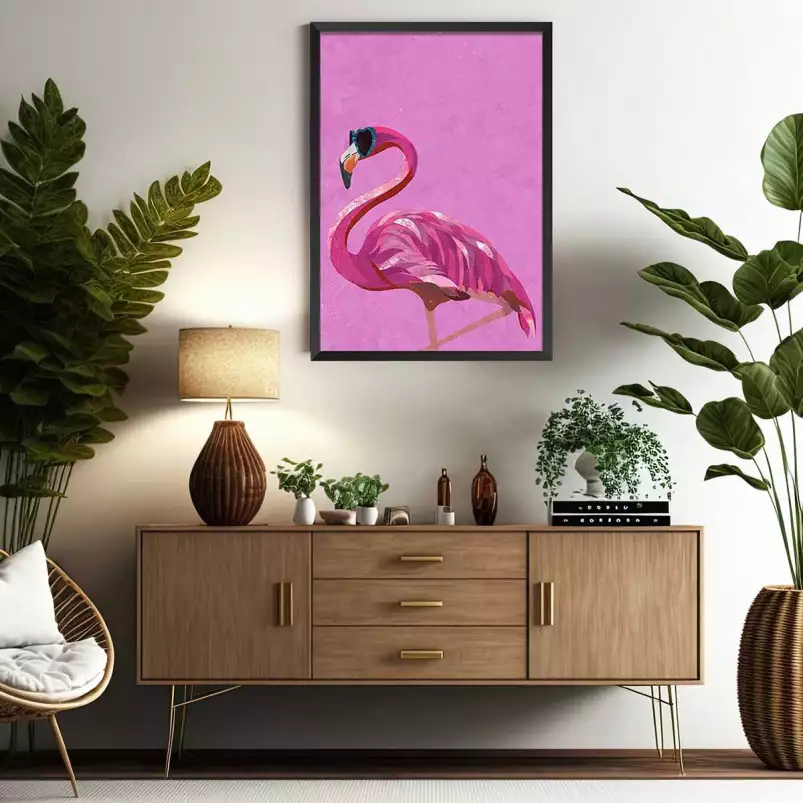 Flamant rose métallisé magenta - affiche oiseaux