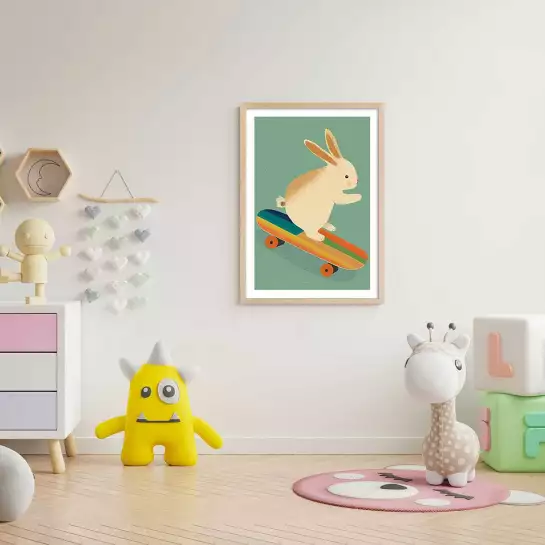 Lapin sur skateboard - affiche animaux chambre bebe