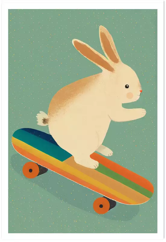 Lapin sur skateboard - affiche animaux chambre bebe