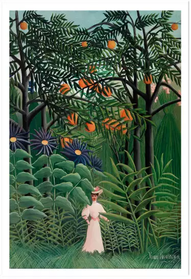 Femme se promenant dans une foret exotique - douanier rousseau jungle