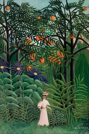 Femme se promenant dans une foret exotique - douanier rousseau jungle