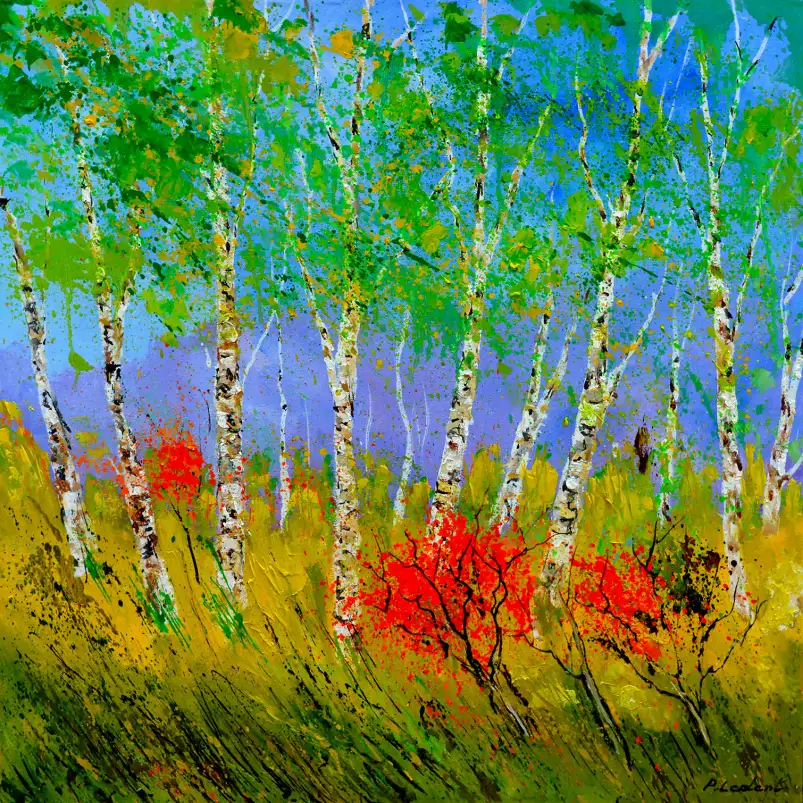 Bouleaux et coquelicots - paysage abstrait