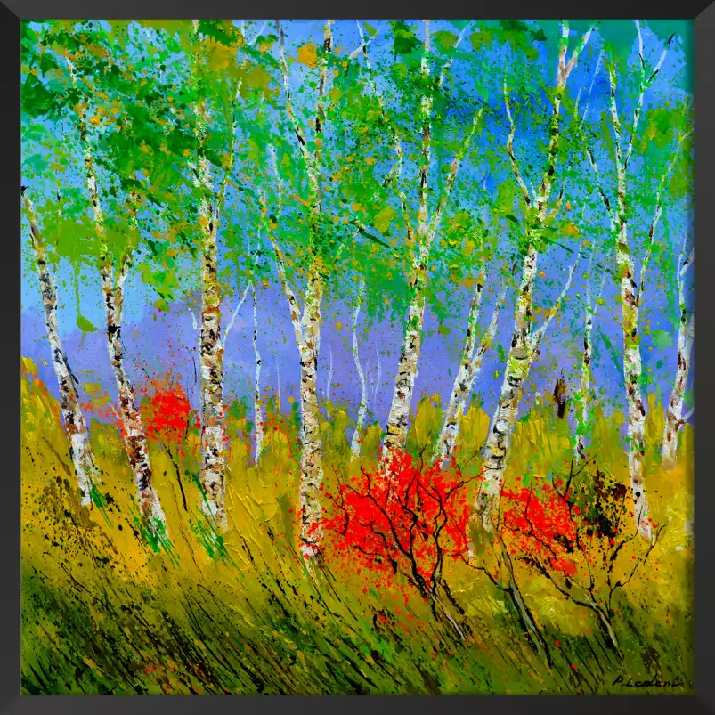 Bouleaux et coquelicots - paysage abstrait