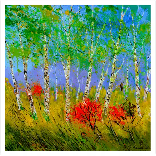 Bouleaux et coquelicots - paysage abstrait