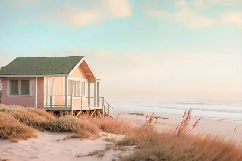 Cabane rose - affiche mer et plage