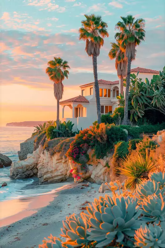 Maison sur Laguna beach - affiche coucher de soleil sur la mer