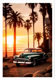 Voiture retro sur la plage - affiche voiture vintage