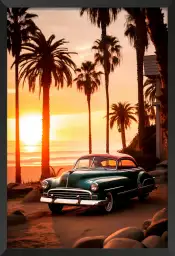 Voiture retro sur la plage - affiche voiture vintage