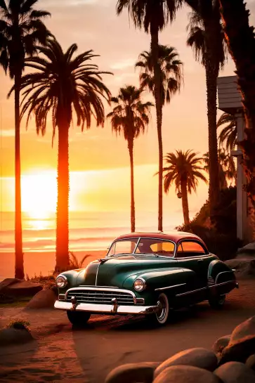 Voiture retro sur la plage - affiche voiture vintage