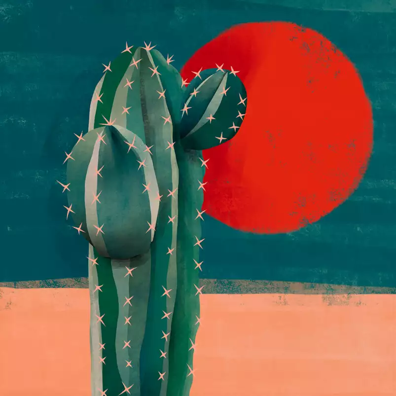 Cactus et soleil rouge - tableau cactus