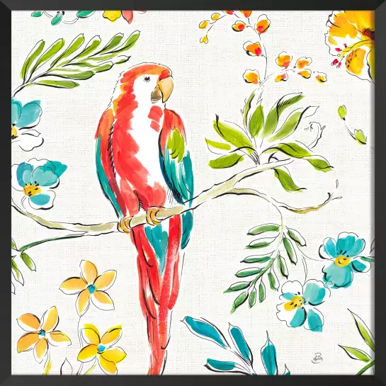 Perroquet et Hibiscus- tableau animaux multicolore