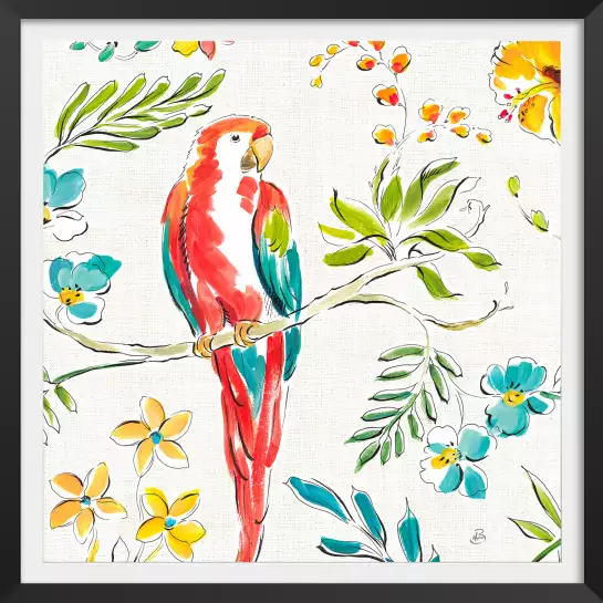 Perroquet et Hibiscus- tableau animaux multicolore